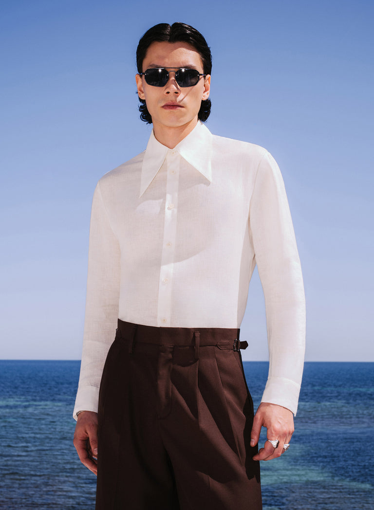 Off-White Pure Linen Dagger Collar Shirt