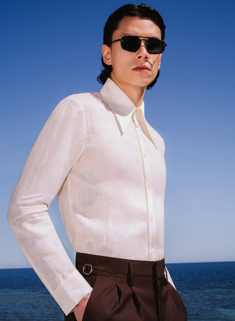 Off-White Pure Linen Dagger Collar Shirt