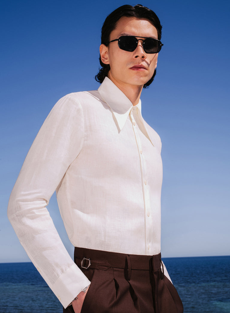 Off-White Pure Linen Dagger Collar Shirt