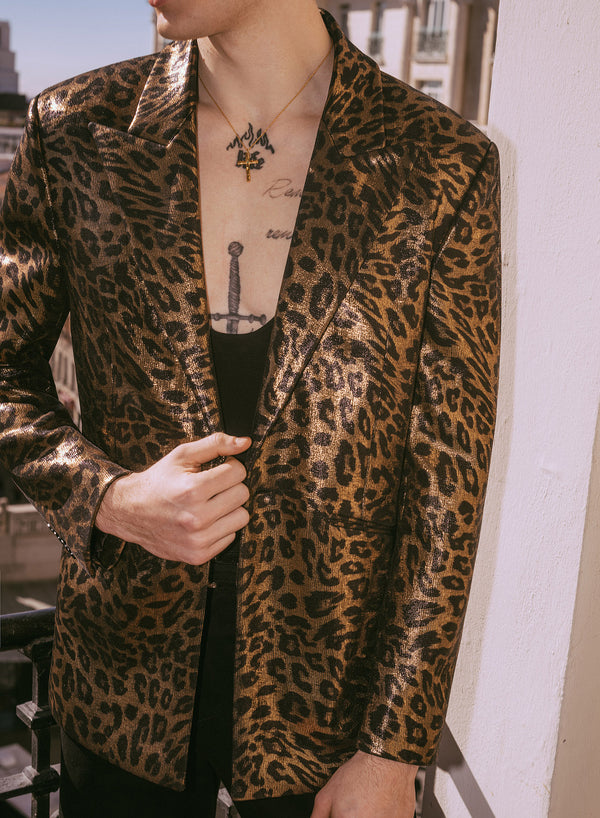 Gold Metallic Leopard Print Blazer
