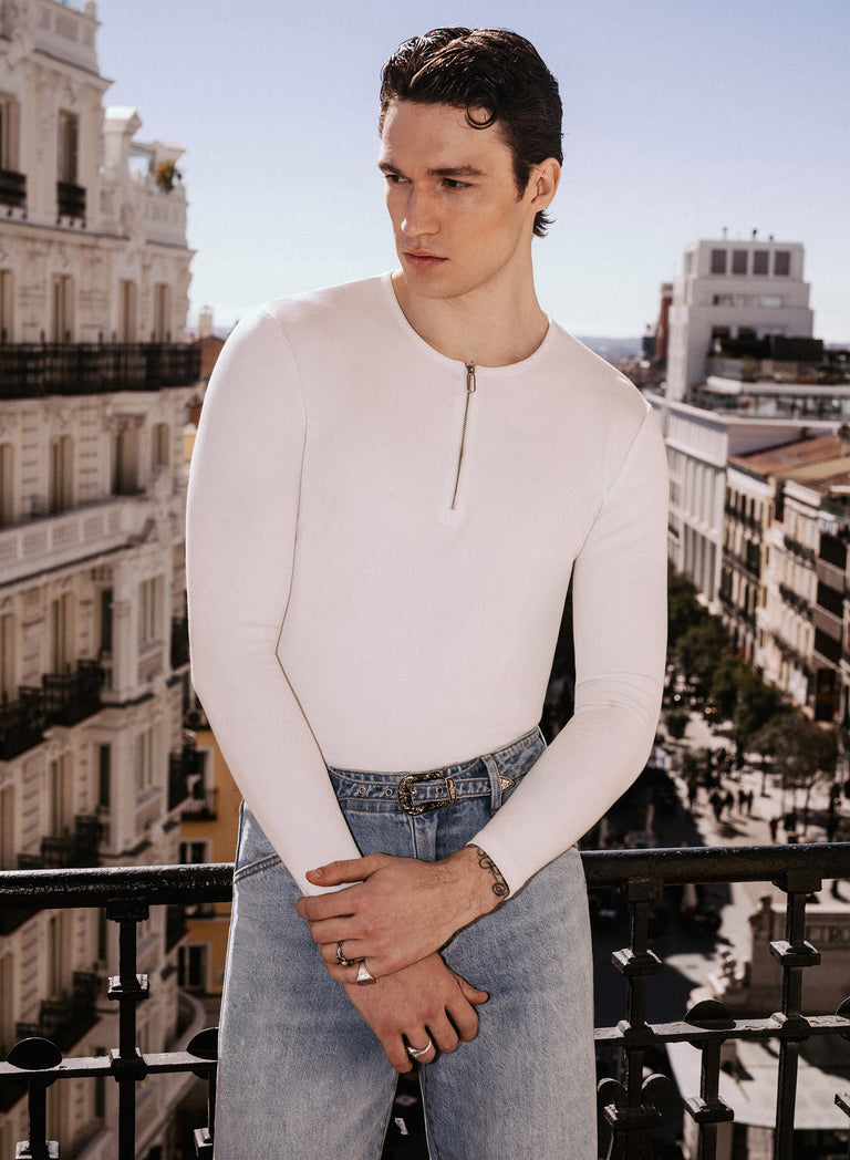 White Long Sleeve Ribbed Zip Henley Shirt