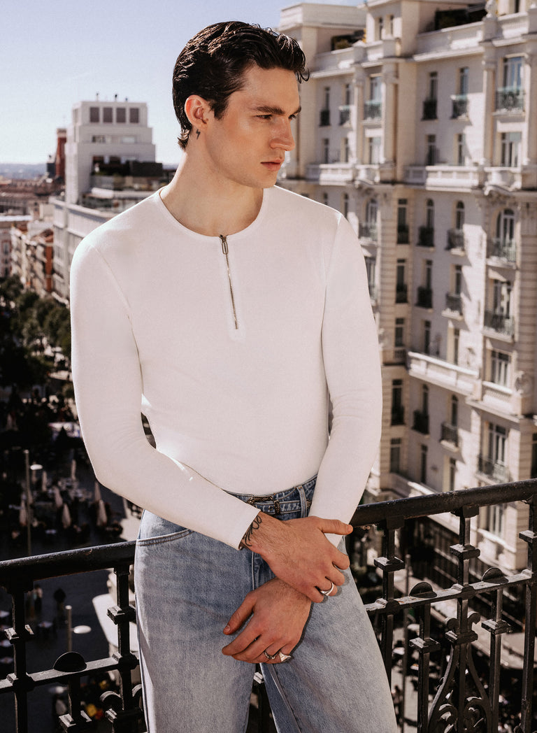 White Long Sleeve Ribbed Zip Henley Shirt