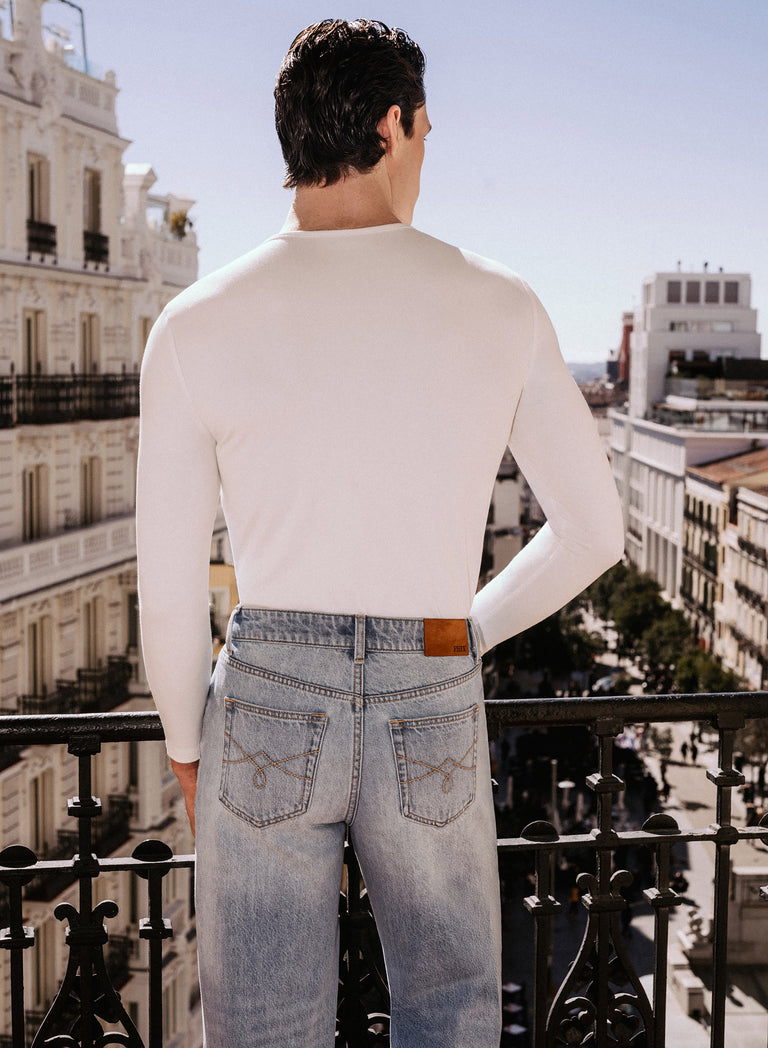 White Long Sleeve Ribbed Zip Henley Shirt