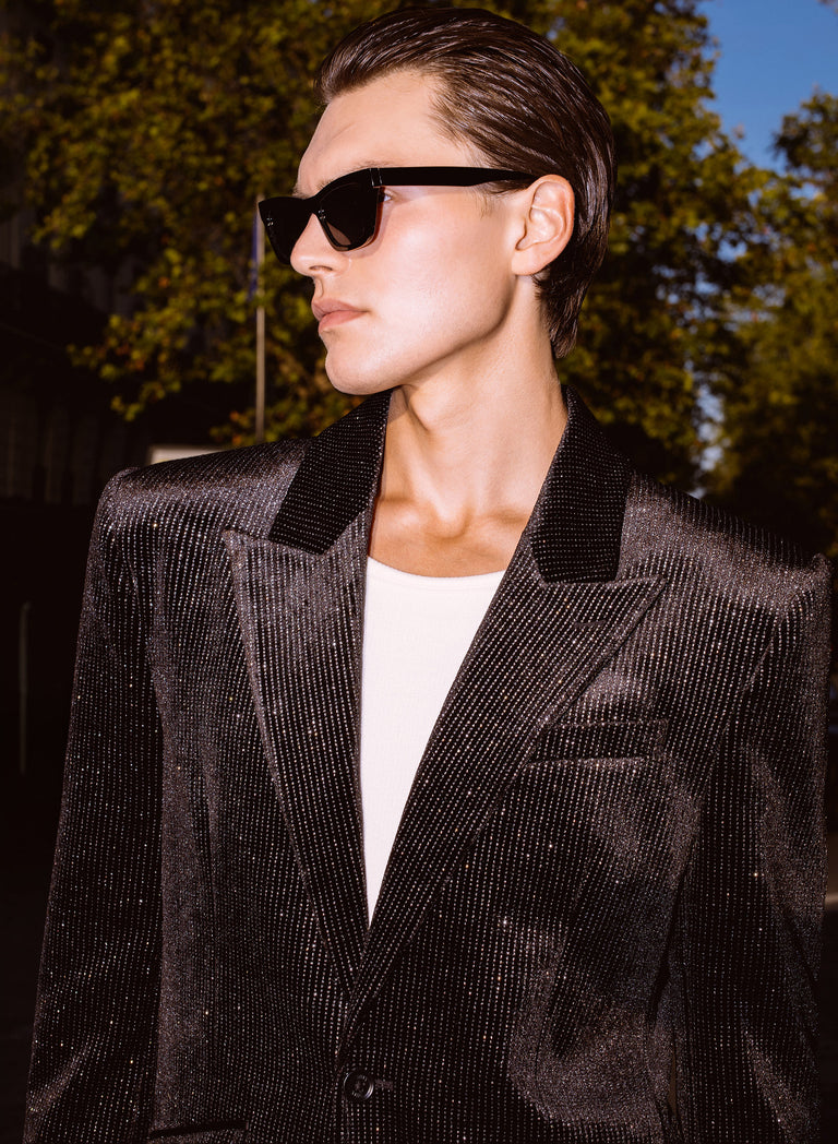 Silver Micro Dot Wide Shoulder Black Velvet Blazer