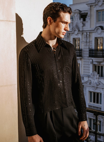 Black Cropped Sequin Pinstripe Viscose Shirt