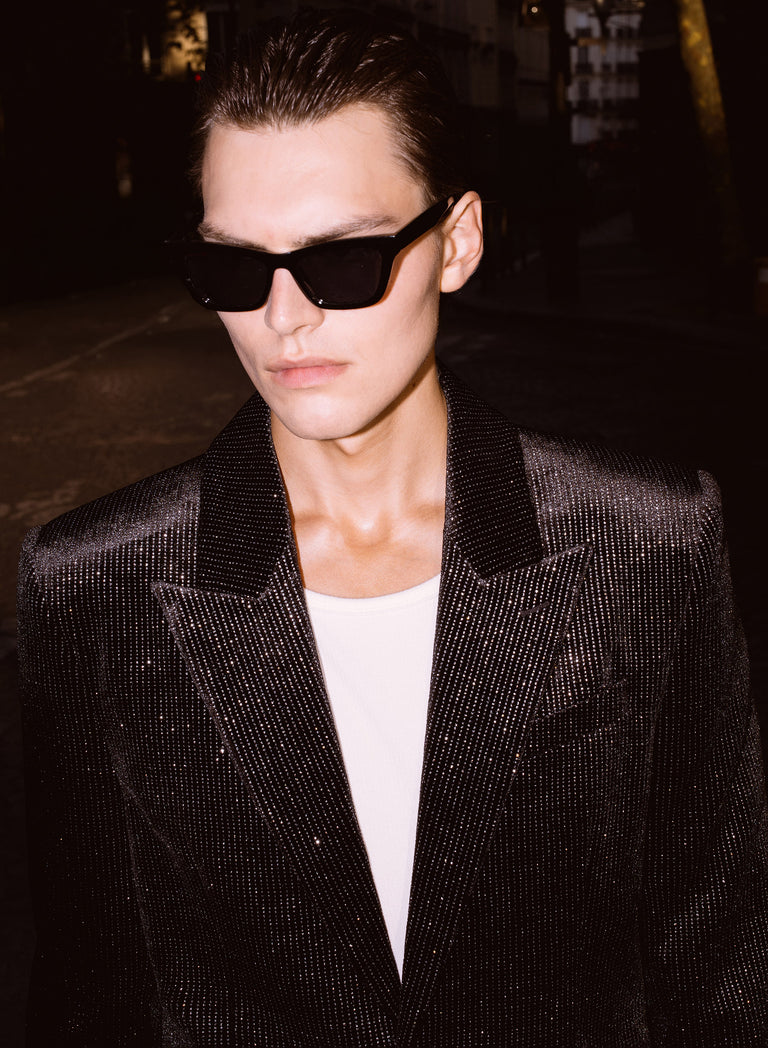 Silver Micro Dot Wide Shoulder Black Velvet Blazer