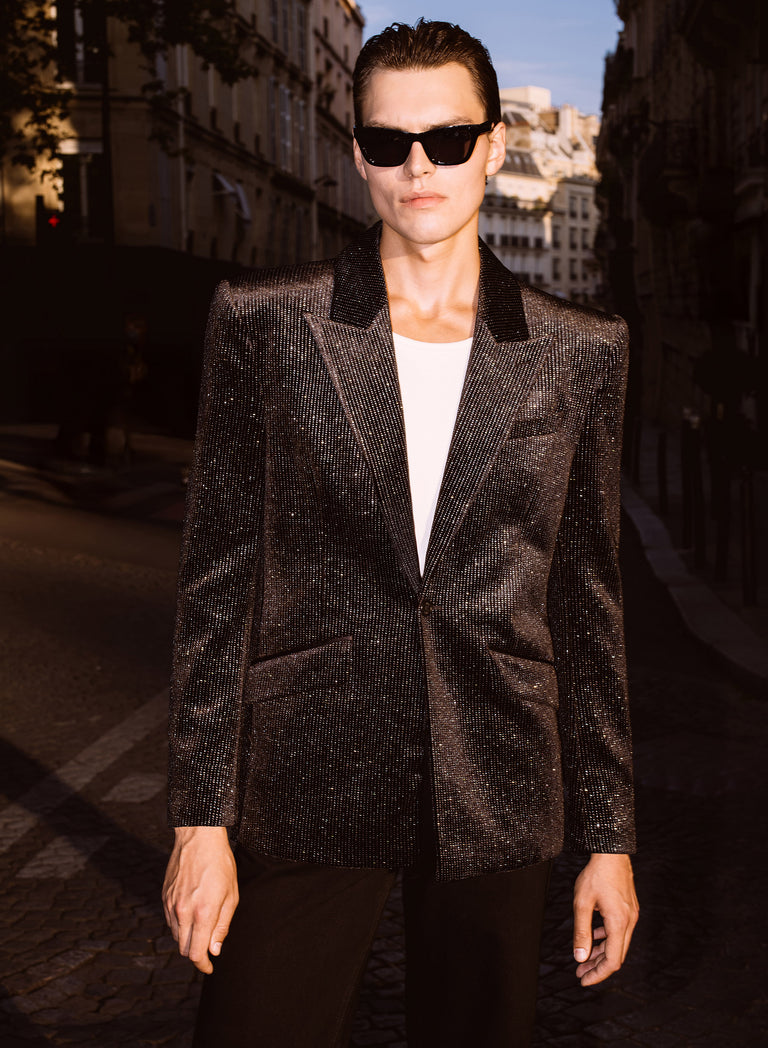 Silver Micro Dot Wide Shoulder Black Velvet Blazer