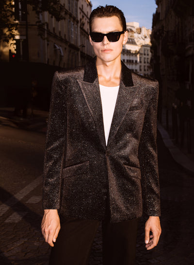 Silver Micro Dot Wide Shoulder Black Velvet Blazer