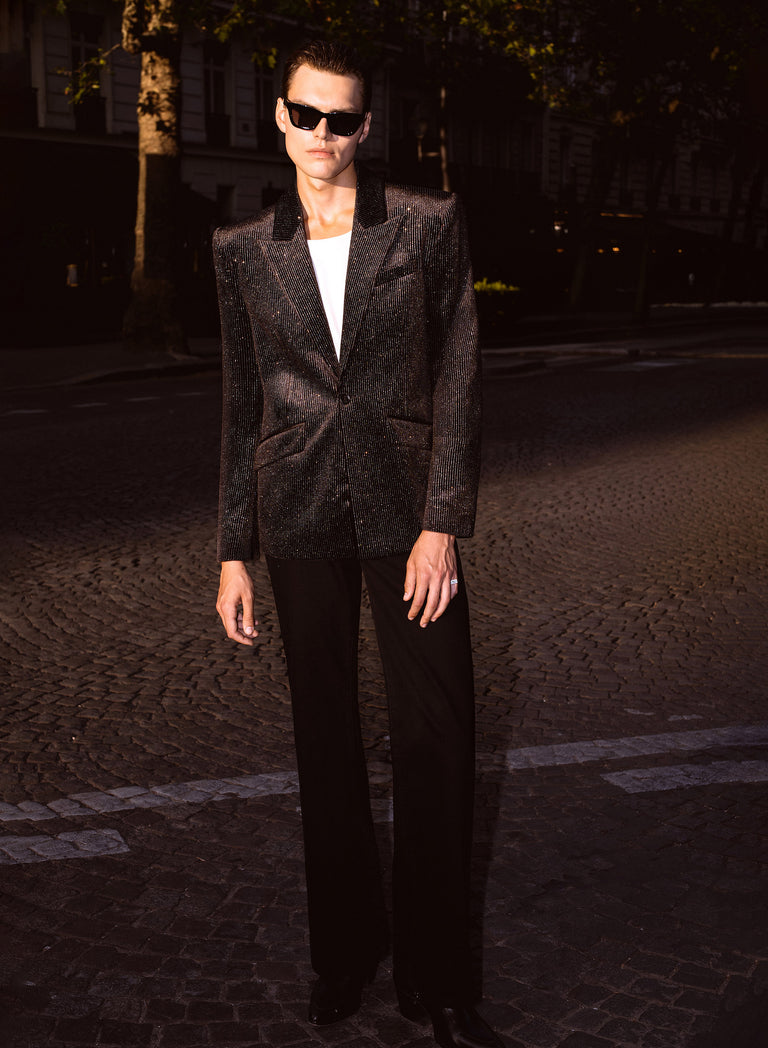 Silver Micro Dot Wide Shoulder Black Velvet Blazer
