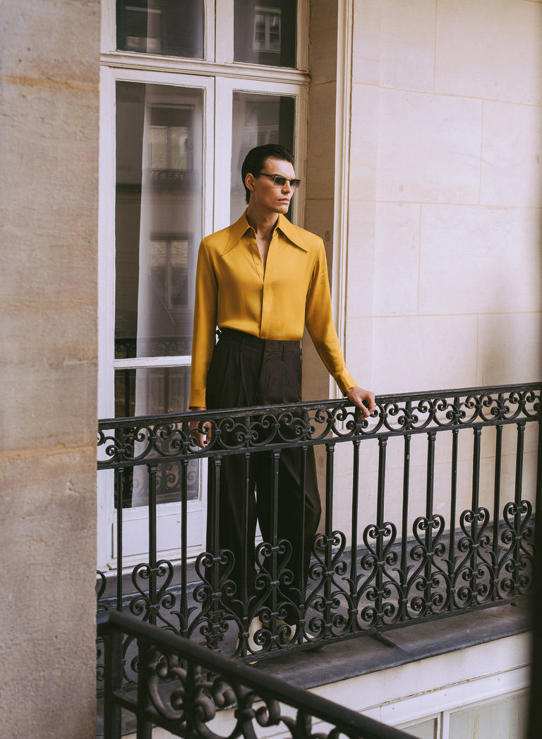 Pure Viscose Mustard Dagger Collar Shirt