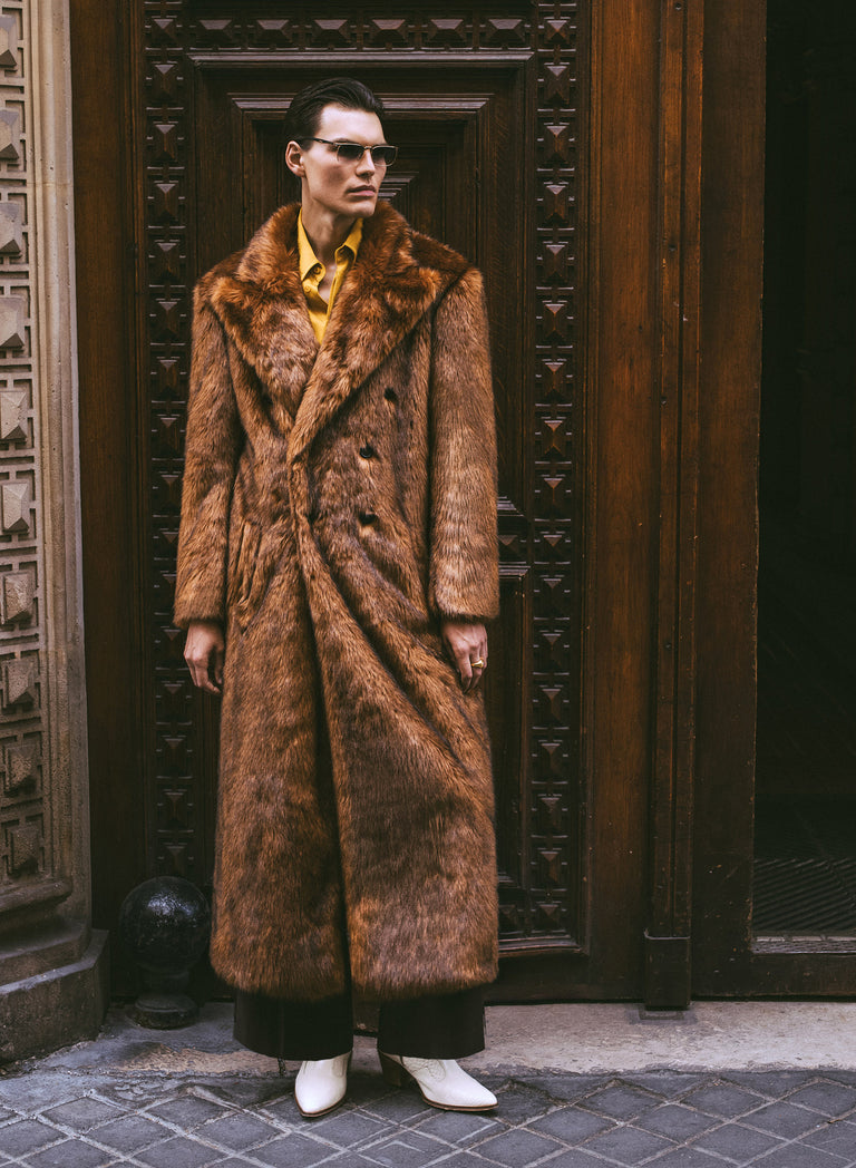 Brown Double Breasted Faux Fur Long Coat