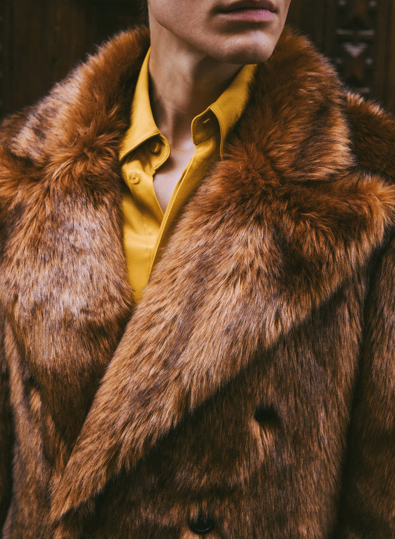 Brown Double Breasted Faux Fur Long Coat