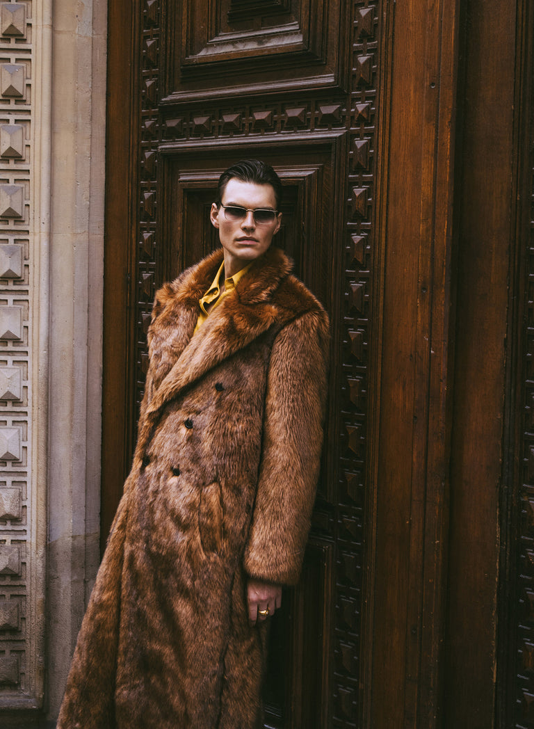 Brown Double Breasted Faux Fur Long Coat