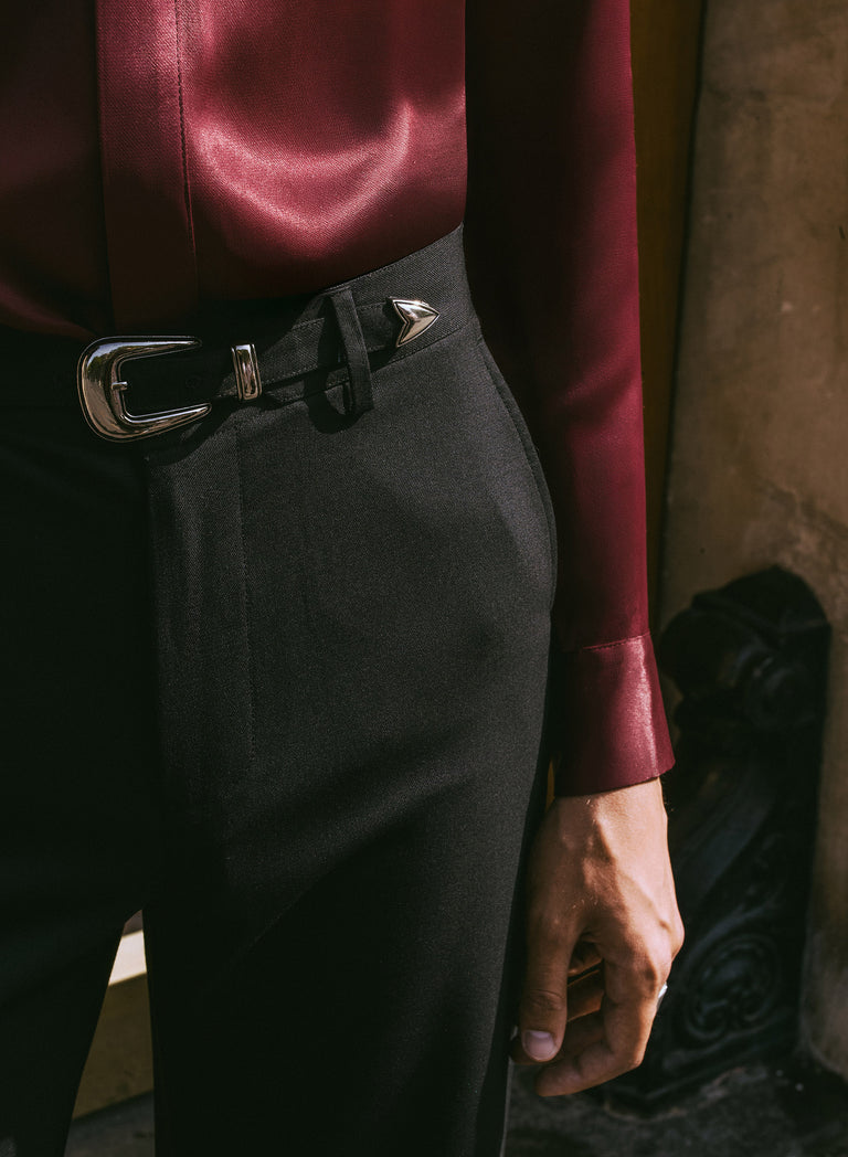 Black Wool Western High Waisted Buckle Trousers