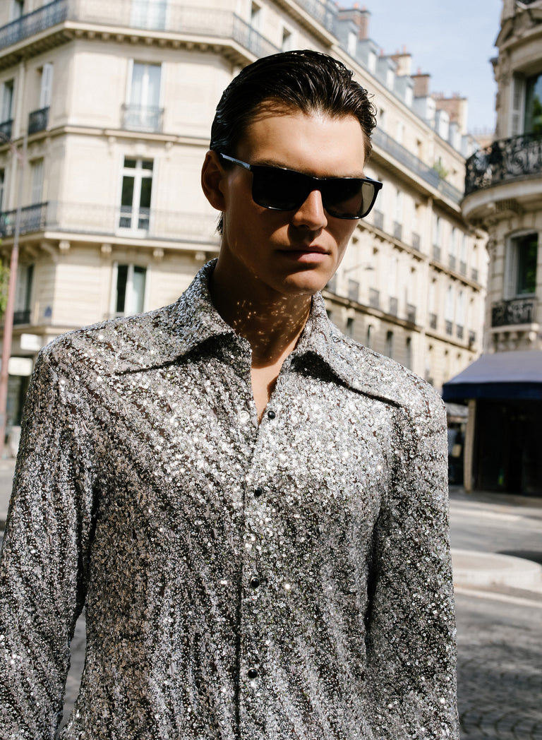 Lucente Silver Evanescent Zebra Sequin Shirt