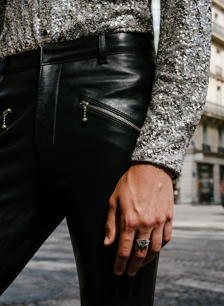 Black Leather Angle Zip Slim Fit Trousers