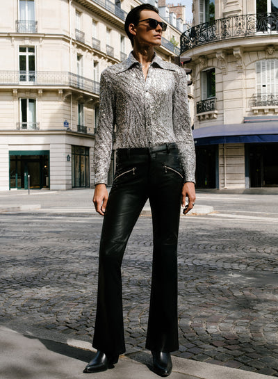 Black Leather Angle Zip Slim Fit Trousers