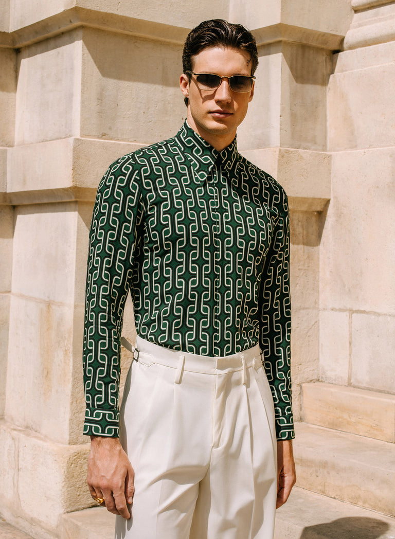 Ariano Green Geometric Viscose Shirt