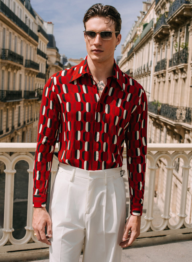 Morello Red Geometric Viscose Shirt