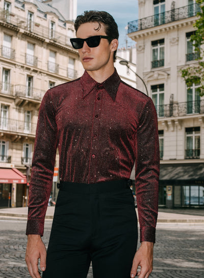 Burgundy Silver Micro Polka Dot Velvet Shirt