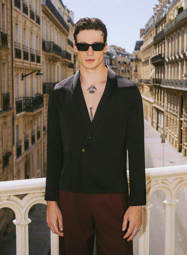 Pure Viscose Black Shawl Collar Shirt