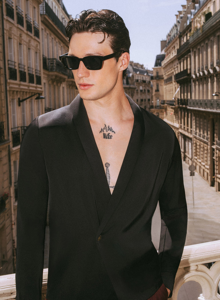 Pure Viscose Black Shawl Collar Shirt