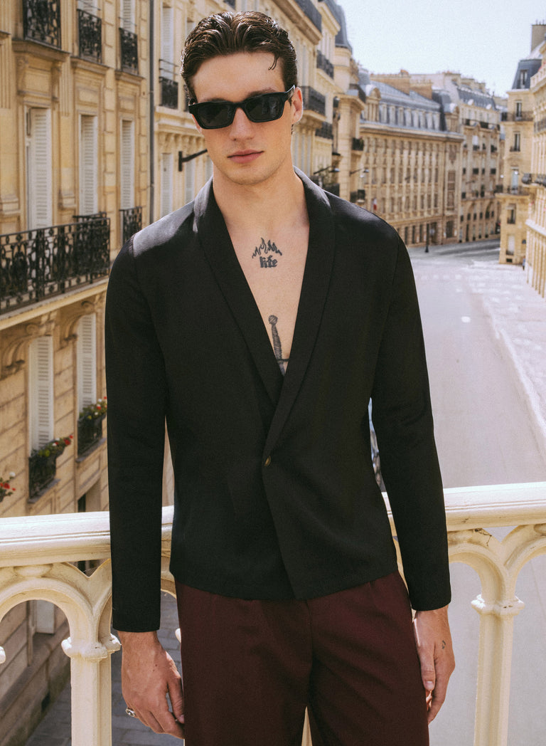 Pure Viscose Black Shawl Collar Shirt