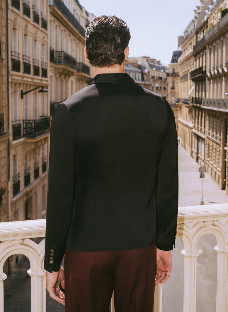 Pure Viscose Black Shawl Collar Shirt