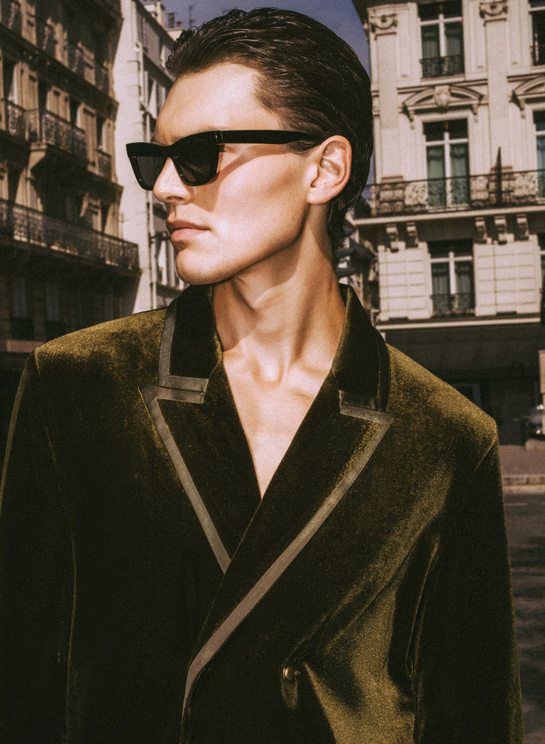 Green Velvet Satin Lapel Double Breasted Shirt