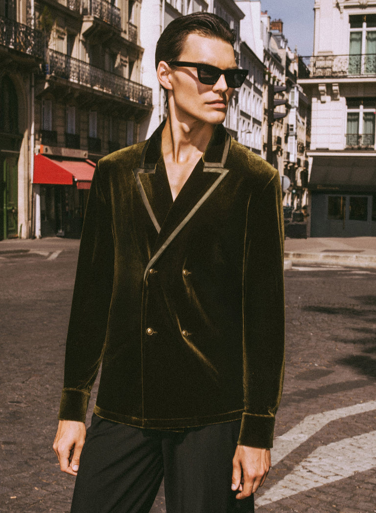 Green Velvet Satin Lapel Double Breasted Shirt