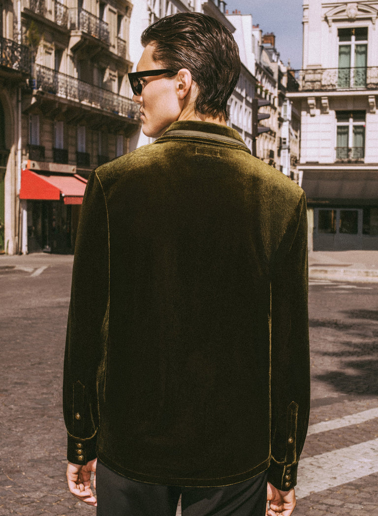 Green Velvet Satin Lapel Double Breasted Shirt