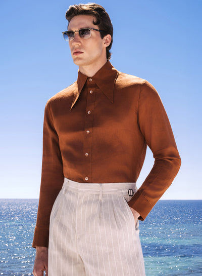 Rust Orange Pure Linen Dagger Collar Shirt