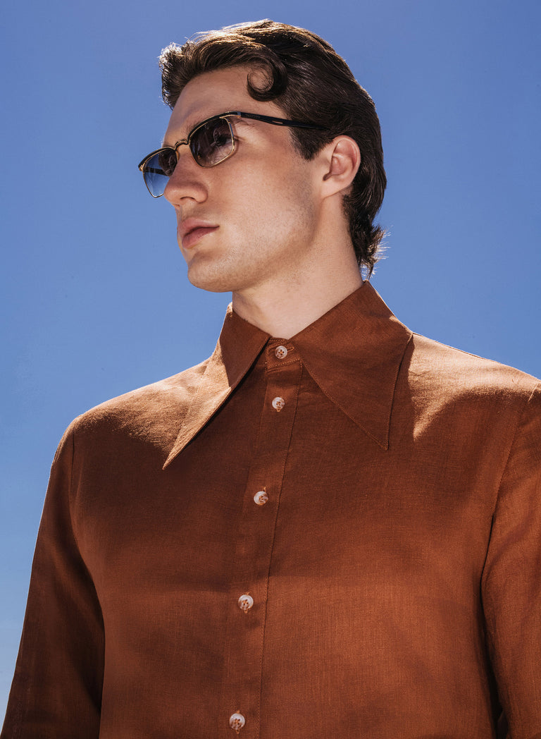 Rust Orange Pure Linen Dagger Collar Shirt