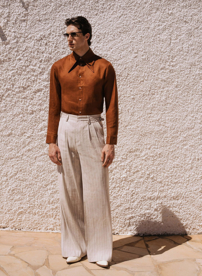 Rust Orange Pure Linen Dagger Collar Shirt