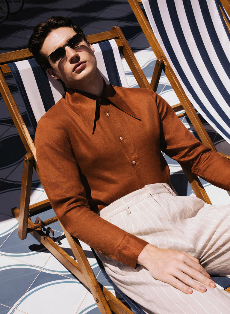 Rust Orange Pure Linen Dagger Collar Shirt