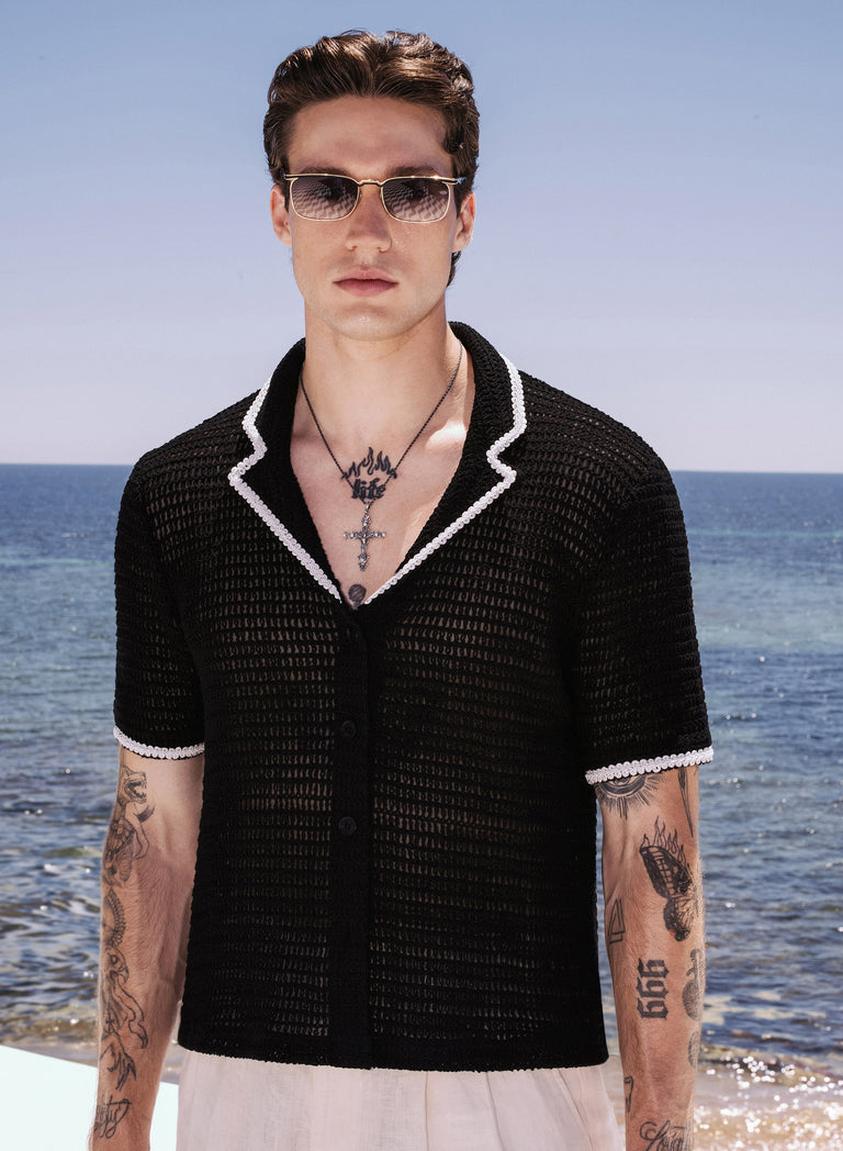 Black Crochet Cuban Shirt