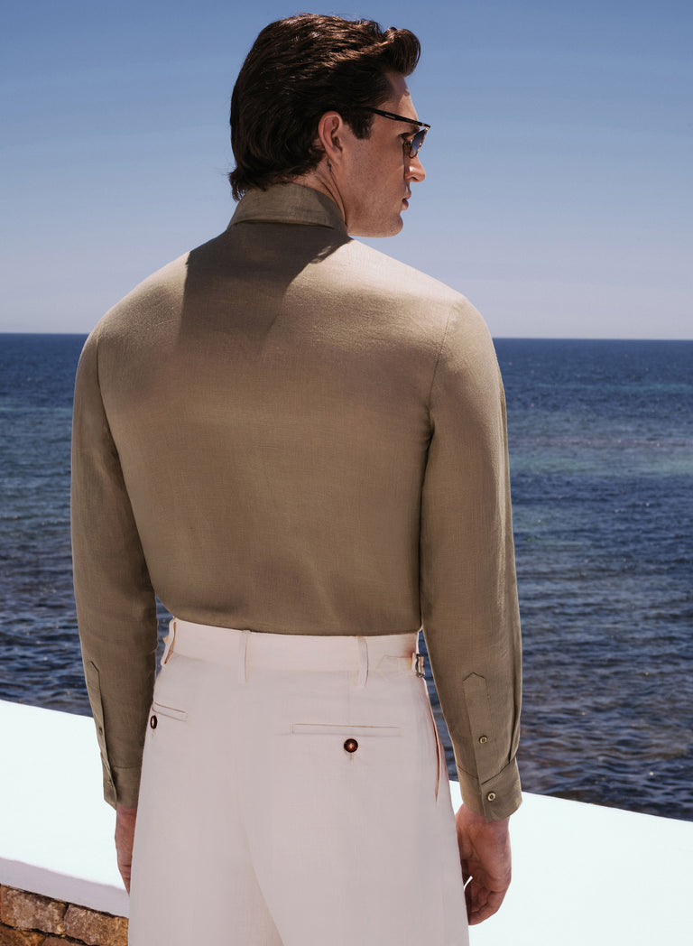 Olive Pure Linen Double Chest Pocket Shirt