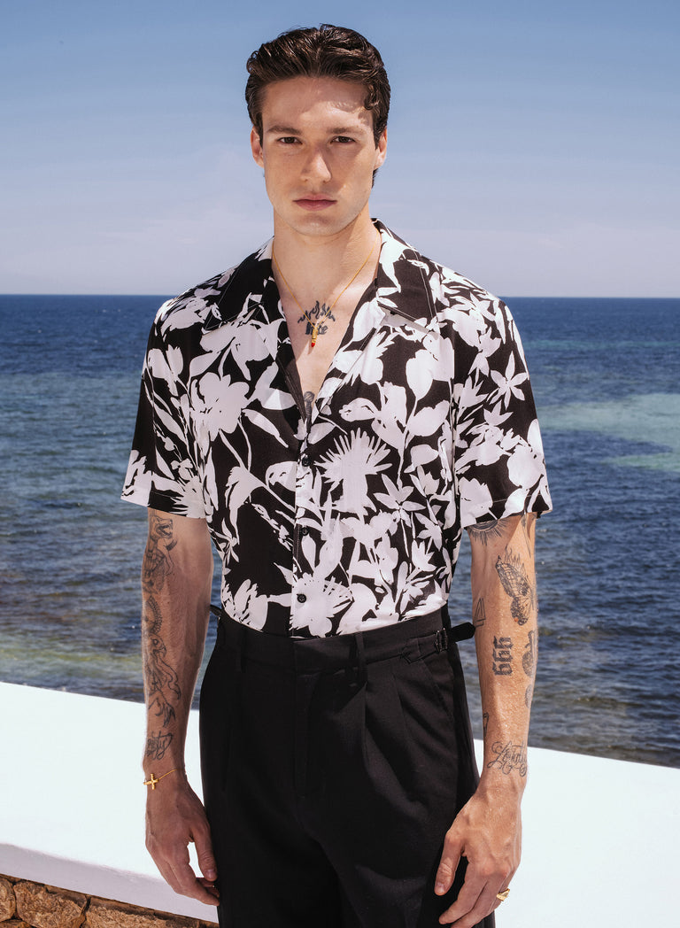 Black Floral Short Sleeve Cuban Collar Viscose Shirt