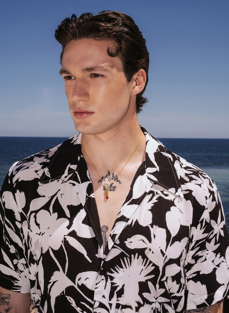 Black Floral Short Sleeve Cuban Collar Viscose Shirt