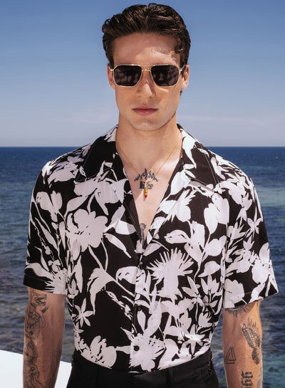 Black Floral Short Sleeve Cuban Collar Viscose Shirt