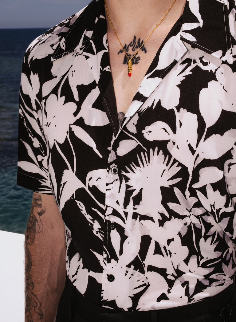 Black Floral Short Sleeve Cuban Collar Viscose Shirt