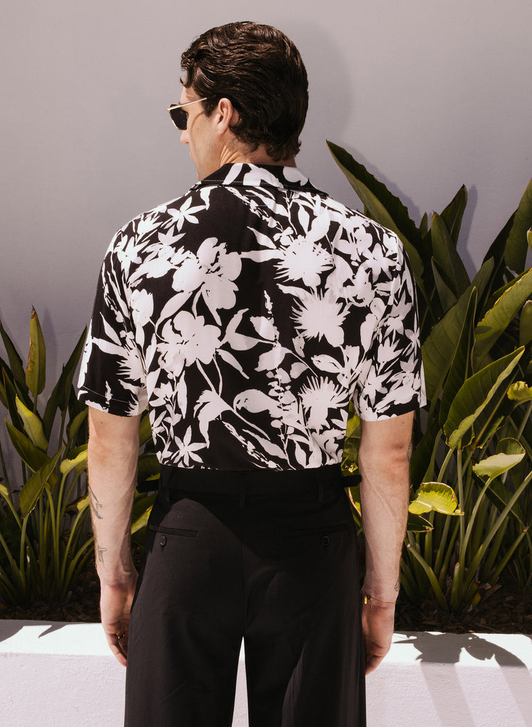 Black Floral Short Sleeve Cuban Collar Viscose Shirt