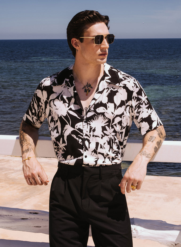 Black Floral Short Sleeve Cuban Collar Viscose Shirt