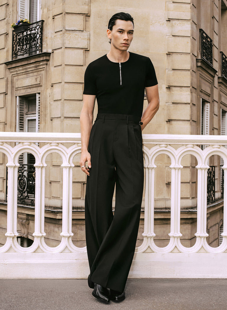 Black Ribbed Cotton Henley Zip T-Shirt