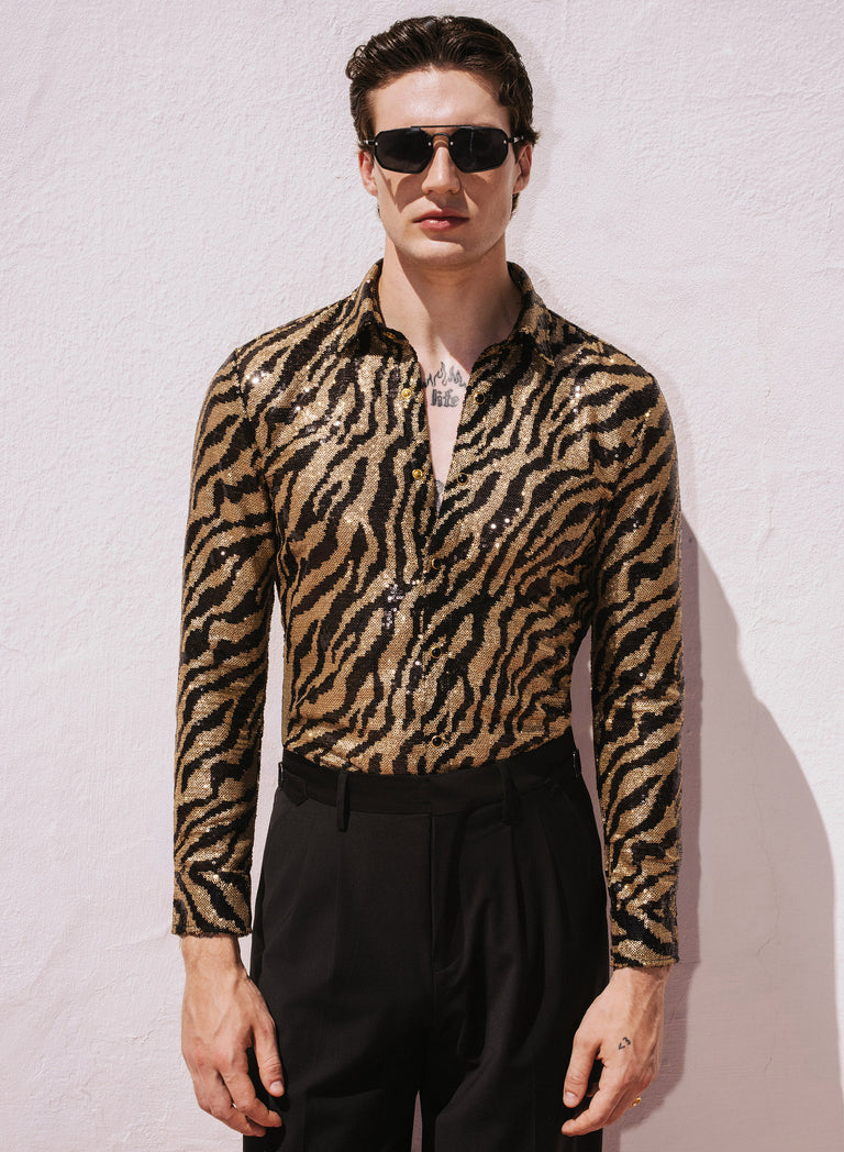 Black and Gold Zebra Shimmer Embellished Shirt