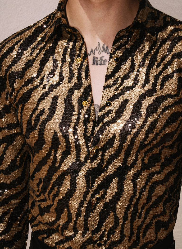 Black and Gold Zebra Shimmer Embellished Shirt
