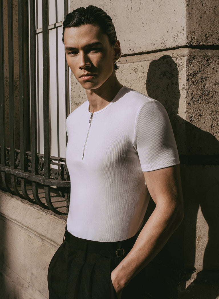 White Ribbed Cotton Henley Zip T-Shirt