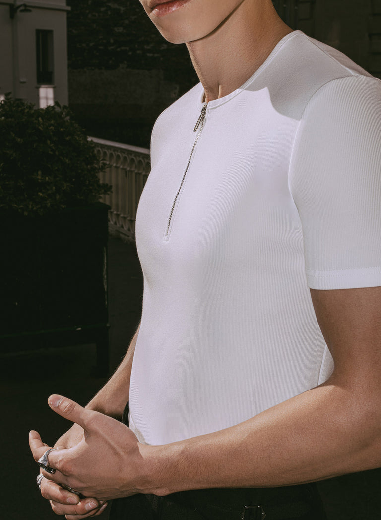 White Ribbed Cotton Henley Zip T-Shirt