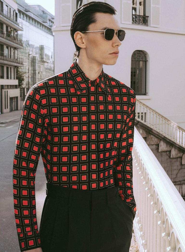 70s Burnt Orange Geometric Square Viscose Shirt