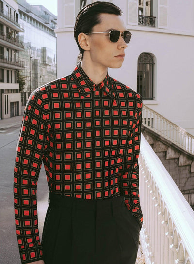70s Burnt Orange Geometric Square Viscose Shirt